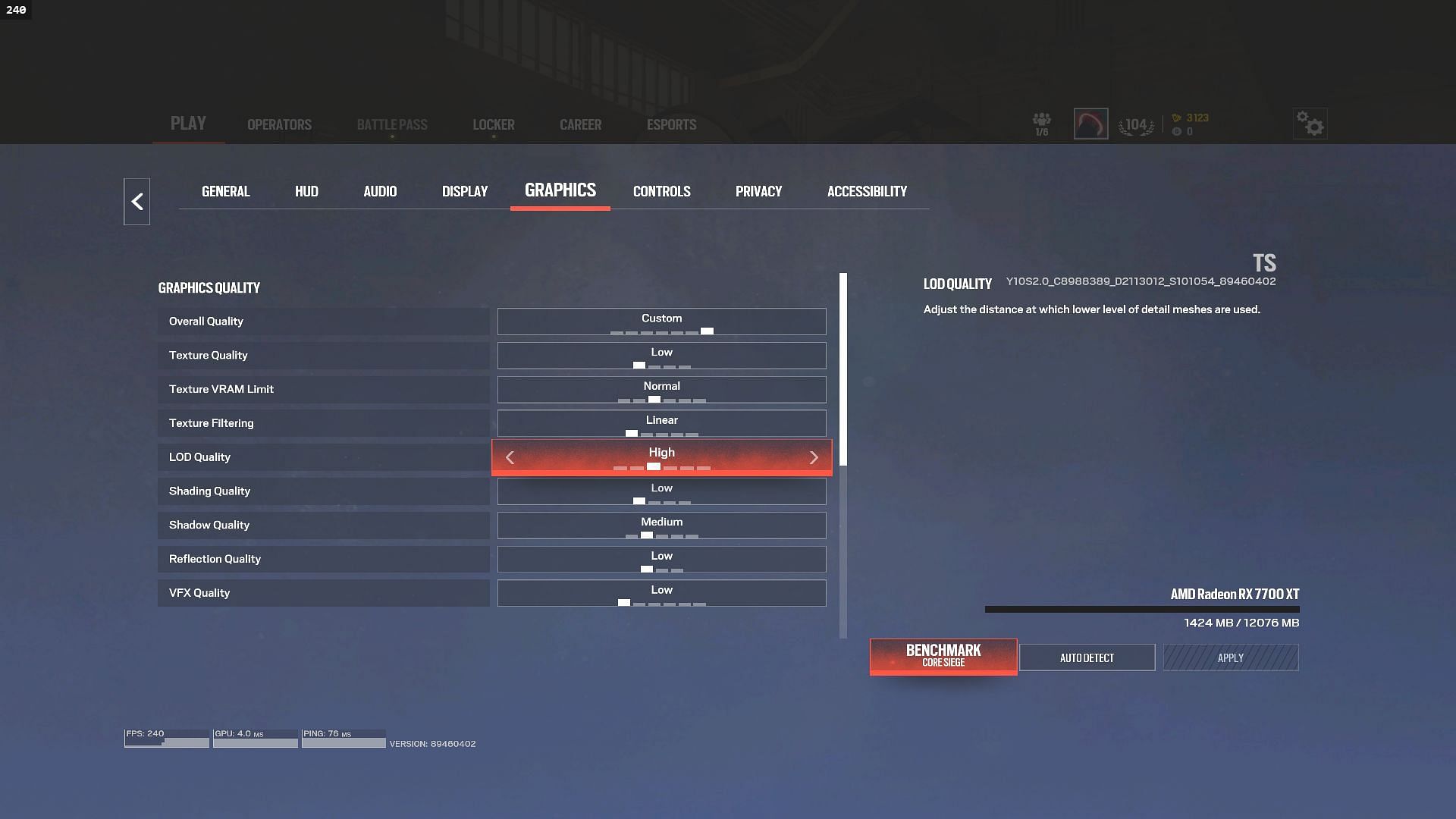 New Core Siege benchmark found in Graphics settings tab (Image via Sportskeeda Gaming || Ubisoft)